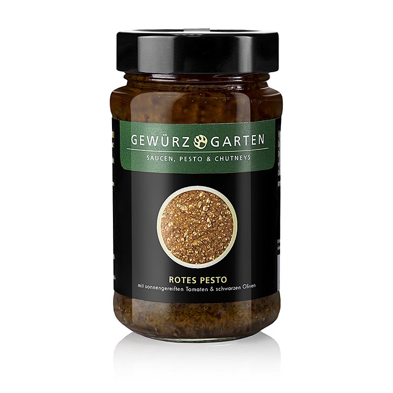 Rotes Pesto mit sonnengereiften Tomaten und schwarzen Oliven, ideal für die Zubereitung von Pasta und Wokgemüse, 225 ml
