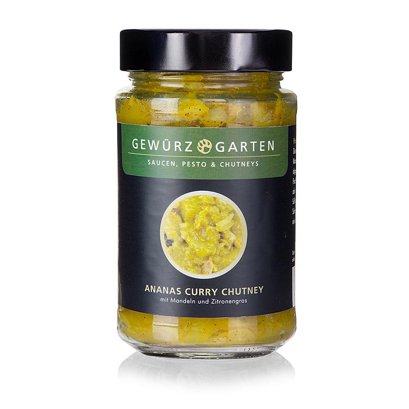 Fruchtiges Ananas-Curry-Chutney mit Mandeln, Holunderblüte und Zitronengras, ideal für kreolische und karibische Gerichte mit Fisch, Schalentieren und Schweinefleisch, sowie Reis, Hülsenfrüchten und Gemüse wie Okra, Süßkartoffeln oder Yamswurzel