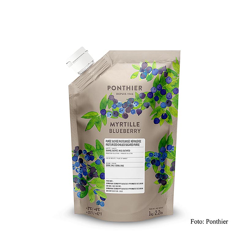 Fruchtpüree Heidelbeere mit Zucker, 1 kg - Intensive Farbe und authentischer Geschmack von Ponthier, ideal für gehobene Küche, Torten, Gebäck, Desserts und Eis