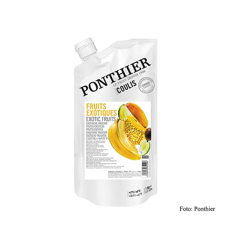 Eine frische exotische Früchtesauce mit Mango, Banane, Maracuja und Zitronen Ideal zum Verfeinern von Desserts und als Garnitur