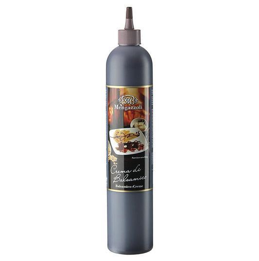 Cremige Balsamico-Creme von Acetificio Mengazzoli, ideal zum Würzen von Salaten, Vorspeisen und Desserts, in einer eleganten 540-g-Flasche verpackt