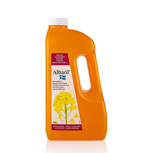 Albaöl© - Rapsöl-Zubereitung, mit Buttergeschmack, Schweden, 2 l: Hitzebeständiges Öl mit einzigartigem Buttergeschmack, geeignet zum Braten, Backen und Dünsten Aus speziell gezüchteter Rapssorte Doppel-Null-Raps hergestellt