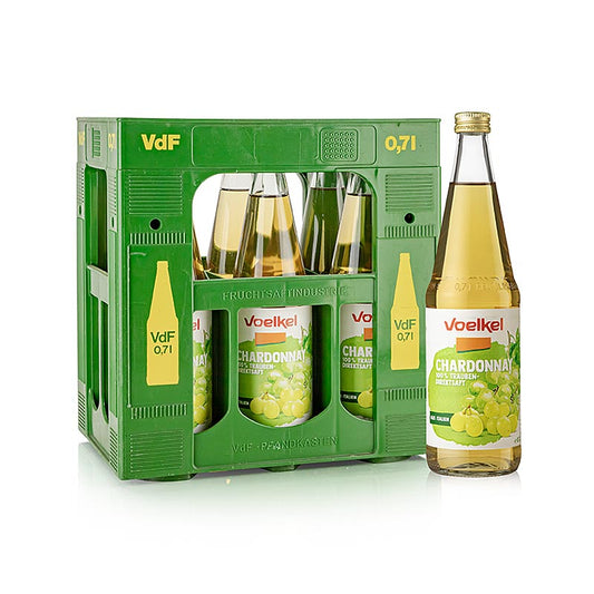 Chardonnay Traubensaft, hell, 100% Direktsaft, Voelkel, BIO, 6 x 0,7 l - Sortenreiner, nussiger Bio-Traubensaft aus sonnengereiften Chardonnay-Trauben, handgeerntet und werterhaltend gepresst, ideal serviert in einem Weißweinglas
