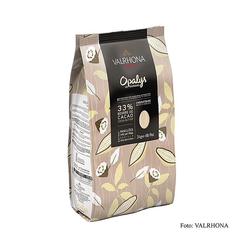 Weiße Couverture von Valrhona Opalys mit 33% Kakaobutter, ideal zum Gießen von Hohlkörpern oder als Schokoladenüberzug, ausgewogener Geschmack nach Vollmilch und natürlicher Vanille