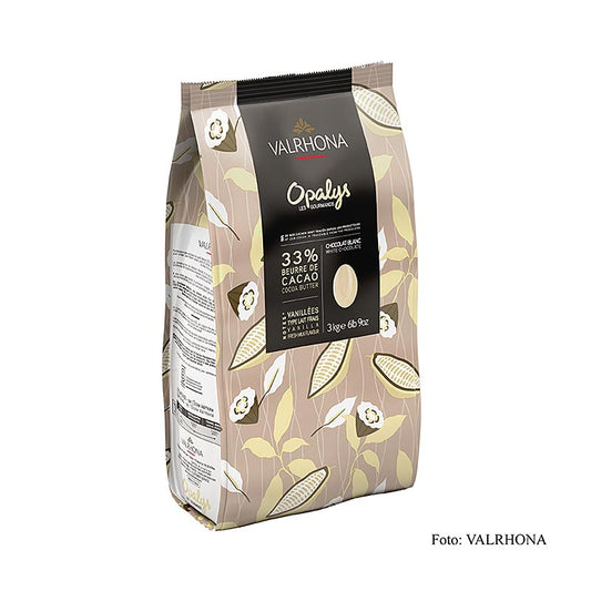 Weiße Couverture von Valrhona Opalys mit 33% Kakaobutter, ideal zum Gießen von Hohlkörpern oder als Schokoladenüberzug, ausgewogener Geschmack nach Vollmilch und natürlicher Vanille