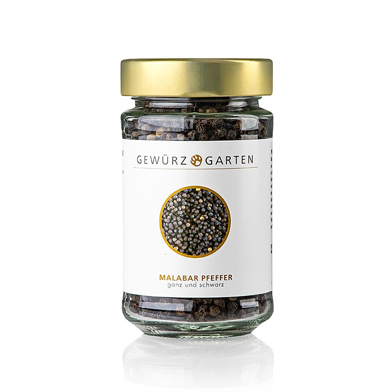 Schwarzer Malabarpfeffer, ganz, 120 g - Gewürzgarten Produktbild mit intensiven Pfeffernoten, geeignet für gebratenes Fleisch und dunkle Saucen