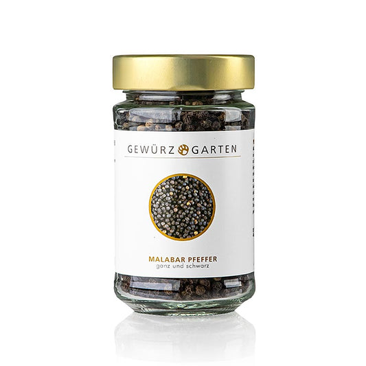 Schwarzer Malabarpfeffer, ganz, 120 g - Gewürzgarten Produktbild mit intensiven Pfeffernoten, geeignet für gebratenes Fleisch und dunkle Saucen
