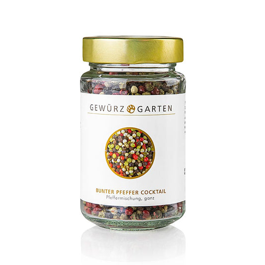 Gewürzgarten Bunter Pfeffer Cocktail (weiß, schwarz, grün, rosa), ganz, 100 g - Mischung aus schwarzen, weißen und grünen Pfefferkörnern sowie Schinus-Beeren, ansprechend für Pfeffermühlen und als Dekoration auf Gerichten