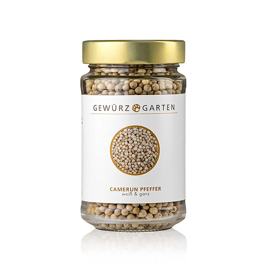 Gewürzgarten Camerun Pfeffer, weiß, ganz, 150 g - hochwertiger weißer Pfeffer aus dem Penja-Tal in Kamerun, mit feinem, kraftvollem Aroma, ideal zum Würzen von Fisch, Geflügel, Salaten, Quarkspeisen, Suppen und Saucen