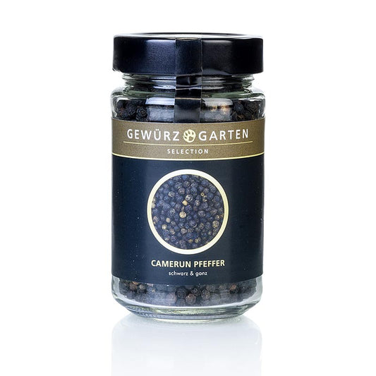 Schwarzer ganz Camerun Pfeffer, 125 g, aus dem Penja-Tal, Camerun, Westafrika Aroma ist fein, warm, rund mit Amber-Note, ideal zum Würzen von Fleischgerichten und dunklen Suppen und Saucen