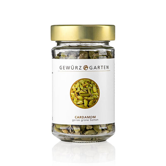 Bild des grünen, ganzen Gewürzgarten Cardamom mit süßlich-aromatischem Aroma Verwendet in asiatischer Küche, indischen Masalas und Currypulver Geeignet für Fleisch, Fisch, Gemüse, Kompott, Pudding, Wurst, Brot, Kuchen, Marinaden, Punsch, Kaffee und Tee Ursprünglich aus Indien, Sri Lanka und heute in Guatemala angebaut