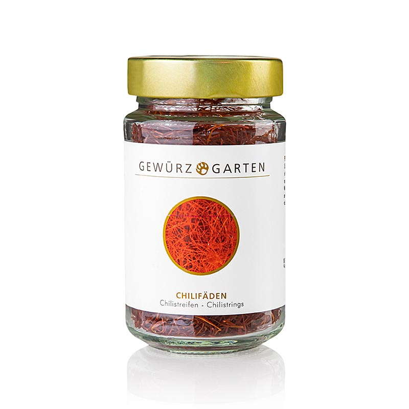 Gewürzgarten Chilifäden (Chilistrings, Chilistreifen), 25 g - Leuchtend rote fein geschnittene Chilifäden, die nach nur 2 Sekunden frittieren knusprig werden Ideal für eine knackig-feurige Würze