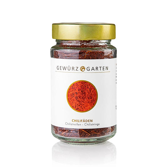 Gewürzgarten Chilifäden (Chilistrings, Chilistreifen), 25 g - Leuchtend rote fein geschnittene Chilifäden, die nach nur 2 Sekunden frittieren knusprig werden Ideal für eine knackig-feurige Würze