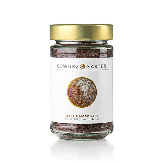 Braun-rotes feines Kala-Namak-Salz aus dem Gewürzgarten, reich an Eisen und Magnesium, mit einem schwefligen Aroma, traditionell für exotische Früchte und indische Gerichte verwendet