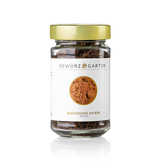 Gewürzgarten Muscovado Zucker, Roh-Rohrzucker mit Karamell- & Malznoten, 160 g - Naturbelassener, unraffinierter Zucker aus Mauritius mit kräftig-aromatischen Noten von Karamell, Malz und leichtem Lakritzgeschmack, ideal zum Süßen von Espresso, zum Aromatisieren von Saucen und Marinaden und für Schokoladen-Kreationen in der Patisserie