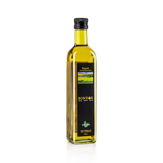 500 ml Bondor Rapsöl, kaltgepresst, vegan, aus Hunsrücker-Raps, mild-feiner Geschmack, geeignet zum Dünsten, Braten, Salate und Rohkost
