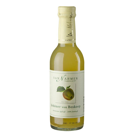 Flasche von Van Nahmen - Boskoop Apfelsaft, 100% Direktsaft, 250 ml, hergestellt aus der alten Sorte des Kulturapfels Boskoop, in der Mosterei und Privatkelterei van Nahmen im Rheinischen Hamminkeln, ohne Konservierungsmittel oder Aromastoffe