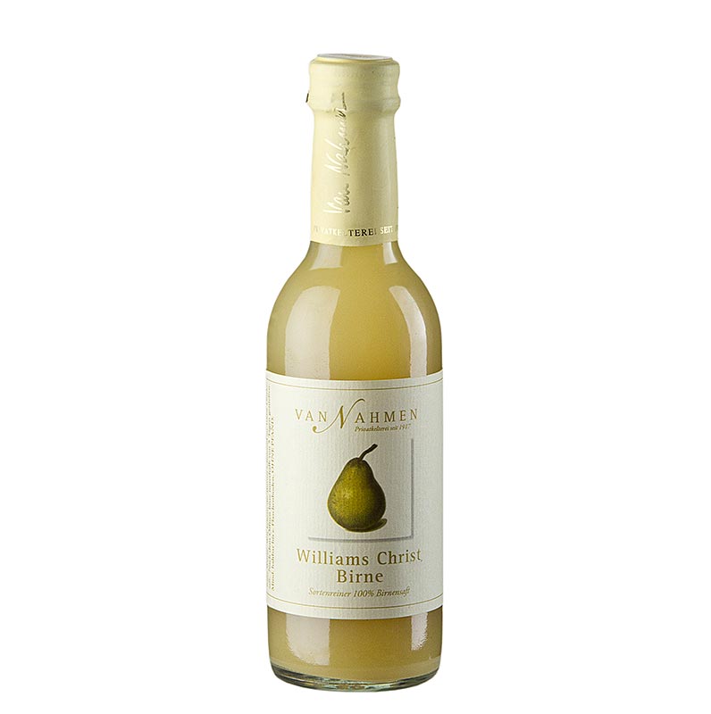 250 ml Flasche von van Nahmen - Williams Christ Birnensaft, 100% Direktsaft, hergestellt aus spätgereiften, vollaromatischen 100% Williams Christ Birnen mit einem Anteil von 13% Williams Christ Birnenmark, für eine schöne Sämigkeit und aus nachhaltigem Anbau bei niederrheinischen Obstbauern