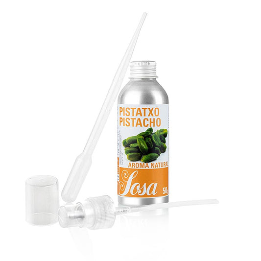 Das Bild zeigt eine Flasche mit 50 g flüssigem Pistazienaroma, das perfekt zum Verfeinern von Desserts, Eiscreme, Kuchen und anderen süßen Leckereien geeignet ist Hergestellt aus sorgfältig ausgewählten Pistazien, liefert es einen authentischen, intensiven Nussgeschmack und ist einfach zu dosieren