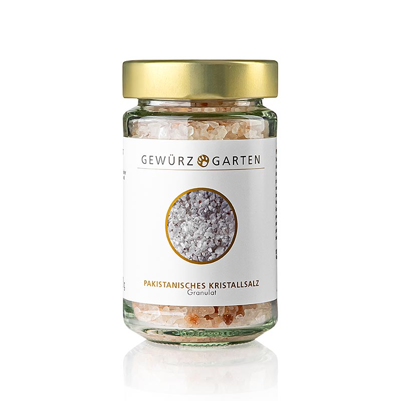 Granuliertes Pakistanisches Kristallsalz, gewonnen aus den ältesten Salzvorkommen Pakistans, sonnengetrocknet und reich an natürlichen Elementen für ein mildes und wohlschmeckendes Aroma, ideal für erlesene Speisen wie Fischgerichte und Suppen