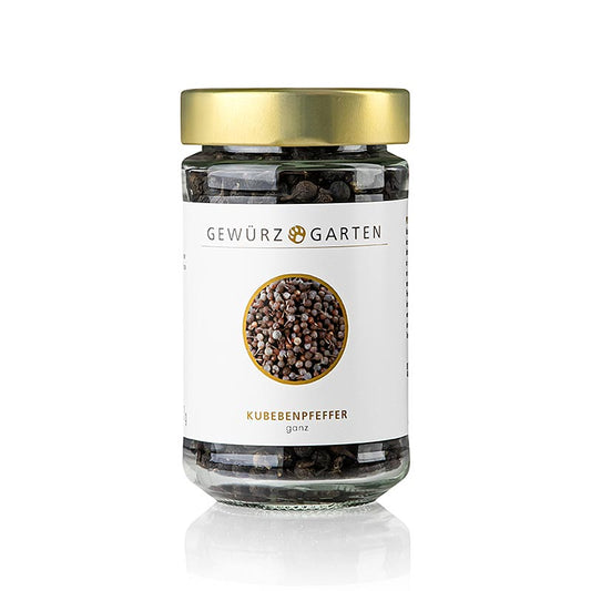 Gewürzgarten Kubebenpfeffer - Javanischer Pfeffer, Schwanz- oder Stielpfeffer, 90 g - Exotisches Gewürz mit trocken-holzigen, kampferartigen und mentholartigen Aromen, das in Indonesien und Afrika angebaut wird Ideal zum Würzen von Fleisch- und Gemüsegerichten, zum Spicken von Fleisch oder als Tellerdekoration