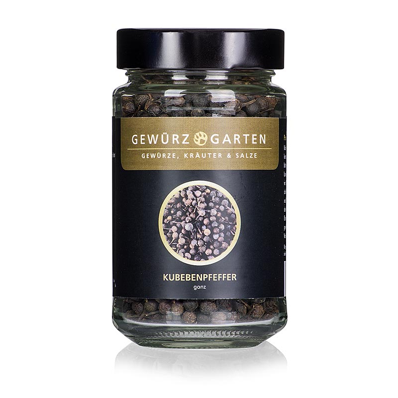 Close-up of 90 g Gewürzgarten Kubebenpfeffer - Javanischer Pfeffer packaging (English)