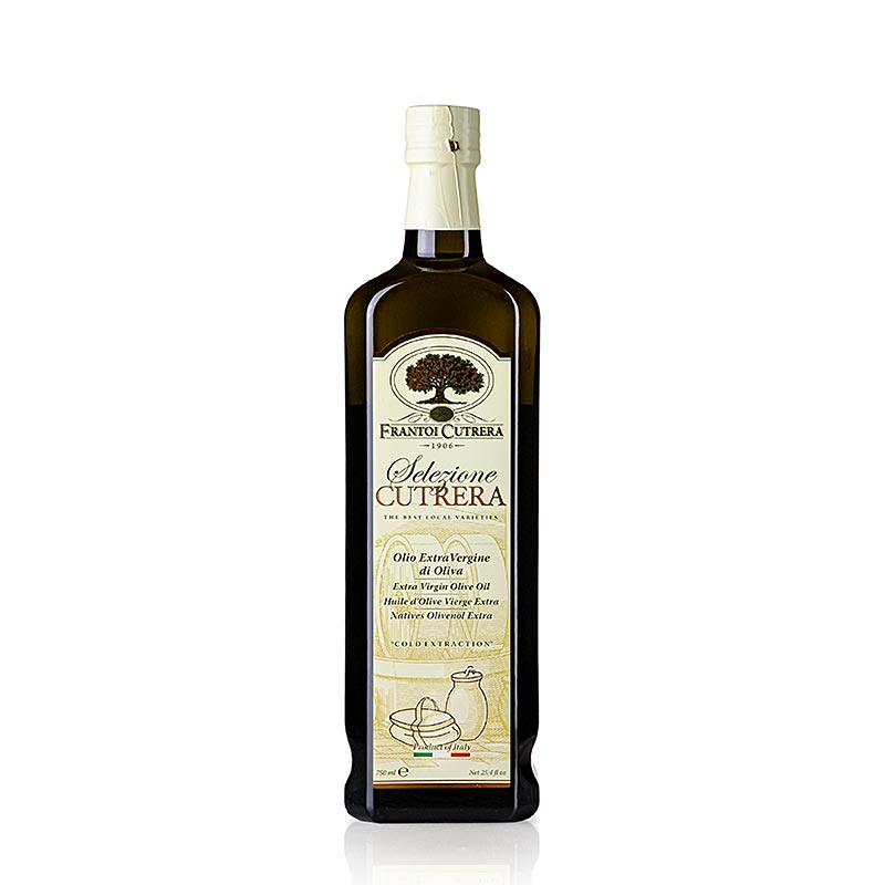 Flasche natives Olivenöl Extra Selezione Cutrera Frantoi Cutrera, intensiv, 750 ml, hergestellt aus Moresca, Biancolilla, Nocarella, Cerasuola und Tonda Iblea Oliven, mit komplexem Duft von Artischocken, kräftigem und intensivem Geschmack mit Aromen von Artischocken und Oregano, ideal zum Marinieren von Fisch, für Pilzsalate, für Gemüsesuppen oder zu gegrilltem roten Fleisch