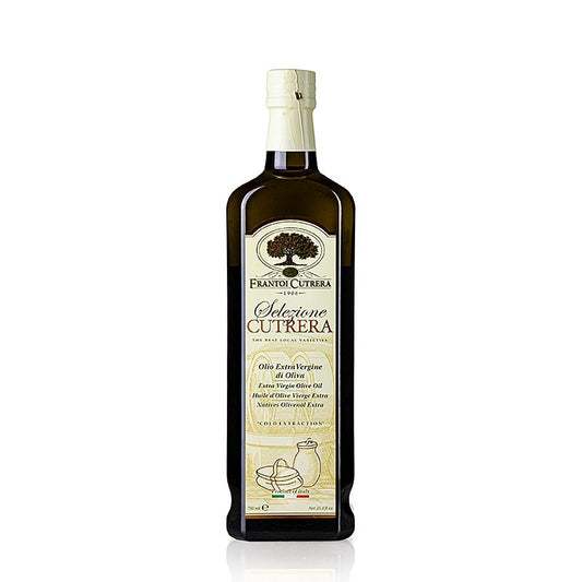 Flasche natives Olivenöl Extra Selezione Cutrera Frantoi Cutrera, intensiv, 750 ml, hergestellt aus Moresca, Biancolilla, Nocarella, Cerasuola und Tonda Iblea Oliven, mit komplexem Duft von Artischocken, kräftigem und intensivem Geschmack mit Aromen von Artischocken und Oregano, ideal zum Marinieren von Fisch, für Pilzsalate, für Gemüsesuppen oder zu gegrilltem roten Fleisch