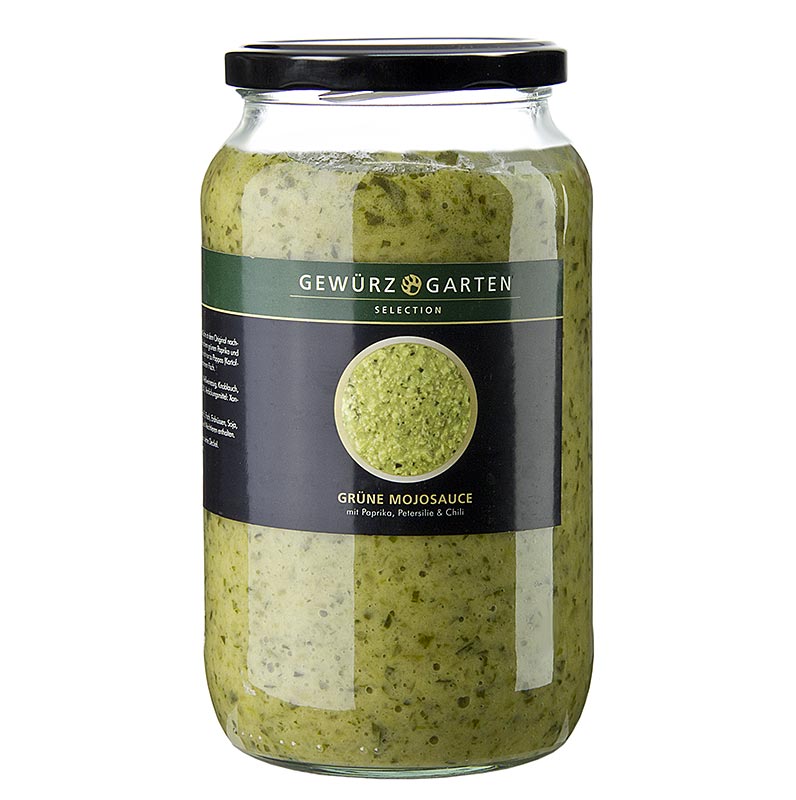 Gewürzgarten Grüne Mojosauce, mit Paprika, Chili und Blattpetersilie, 900 ml: Ein großzügiges Glas voller authentischer, reichhaltiger und pikanten Sauce, die perfekt ist, um Ihre Lieblingsgerichte zu verfeinern und ihnen einen Hauch von spanischem Flair zu verleihen
