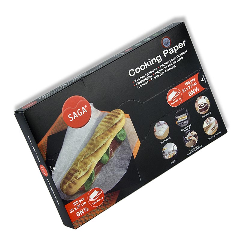 Saga Parchemin de cuisine (papier sulfurisé), coupé à 27 x 33cm, en distributeur, 100 feuilles