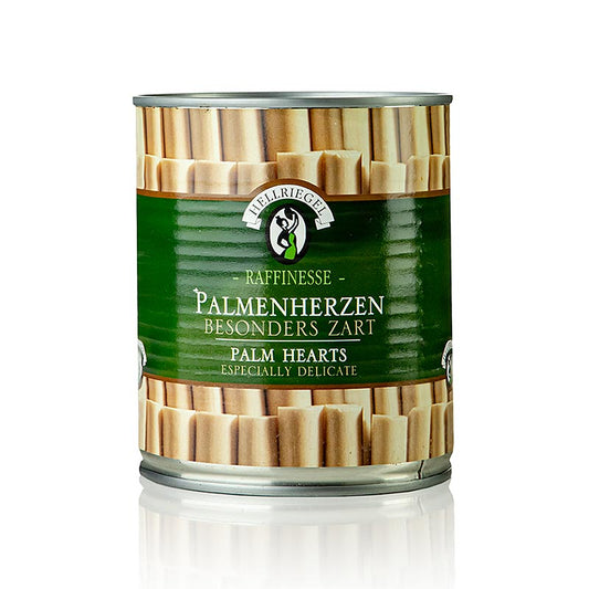 Eine Packung Palmherzen von Hellriegel, 800 g, sorgfältig geerntet und verpackt, um ihre einzigartige Textur und ihren feinen Geschmack zu bewahren, perfekt zum Verfeinern von Salaten, Pfannengerichten oder als Beilage zu Fisch- und Fleischgerichten