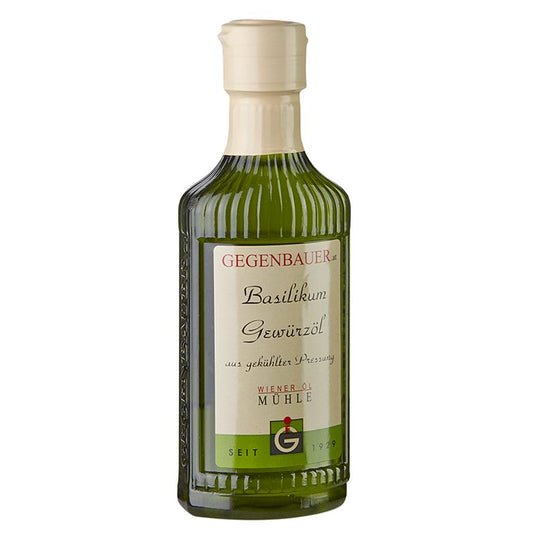Gewürzöl Basilikum, mit Sonnenblumenkernöl, 250 ml - Produktbild für die Wiener Öl Mühle von Erwin Gegenbauer, ideal zum Verfeinern von Salaten, Pasta, Fisch und Fleisch, sowie zum Experimentieren in der Küche