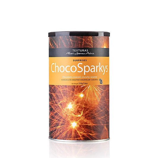 Choco Sparkys (Knallbrause) in Schokolade gehüllte Karamellstückchen, die beim Kontakt mit Feuchtigkeit explodieren, zum Bestreuen und Dekorieren von Eis, Mousse, Desserts, Kuchen etc, mit fruchtigem Geschmack, prickelndem Brause-Effekt und knusprig-knisternder Textur