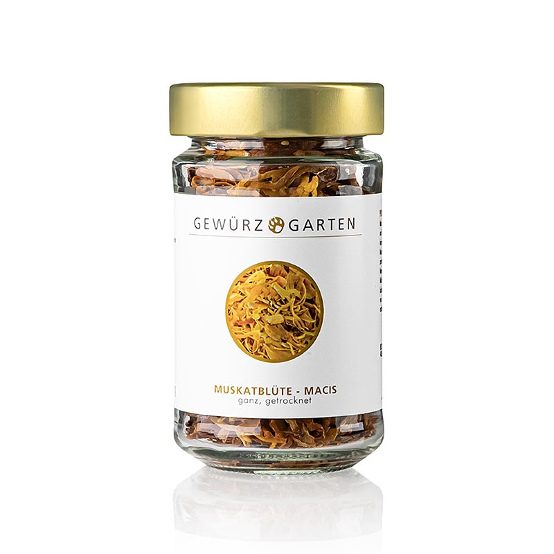Gewürzgarten Muskatblüte - Macis, ganz, 35 g - Produktbild mit zarter orangefarbener Samenhülle, ideal zum Würzen von Suppen, Fisch, Käse und für die Weihnachtsbäckerei