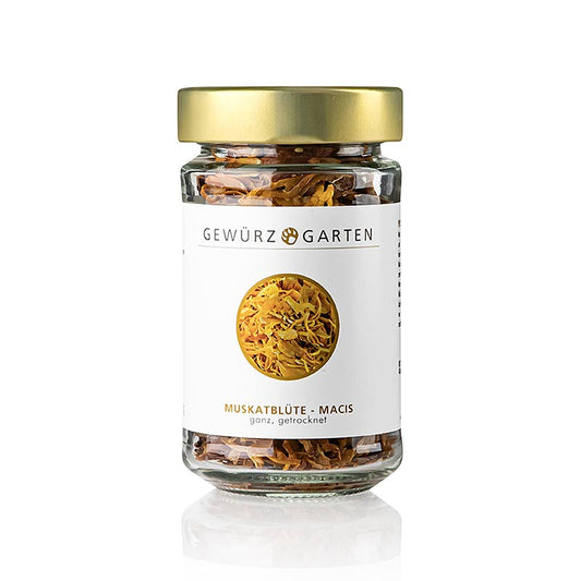Gewürzgarten Muskatblüte - Macis, ganz, 35 g - Produktbild mit zarter orangefarbener Samenhülle, ideal zum Würzen von Suppen, Fisch, Käse und für die Weihnachtsbäckerei