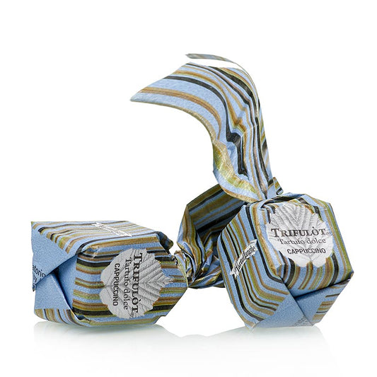 Leckere Tartuflanghe Mini Trüffelpralinen mit Dolce d´Alba, Cappuccino- und Kakaobohnen-Geschmack, ca 7g pro Stück, verpackt in einer hellblauen Schachtel, 1 kg