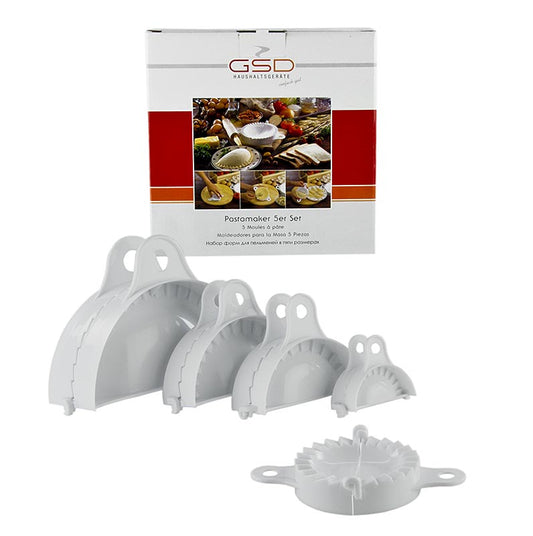 Pastamaker, Kunststoffformen für Ravioli, Maultaschen, Pizza Calzone etc, 5 tlg - Teigformer Set in 5 verschiedenen Größen für allerlei Teigwarenspezialitäten, wie Ravioli, Maultaschen, Suppeneinlagen etc große Form für Pizza Calzone Maße: ø 17,5cm / 12cm / 10cm / 8,5cm / 6cm