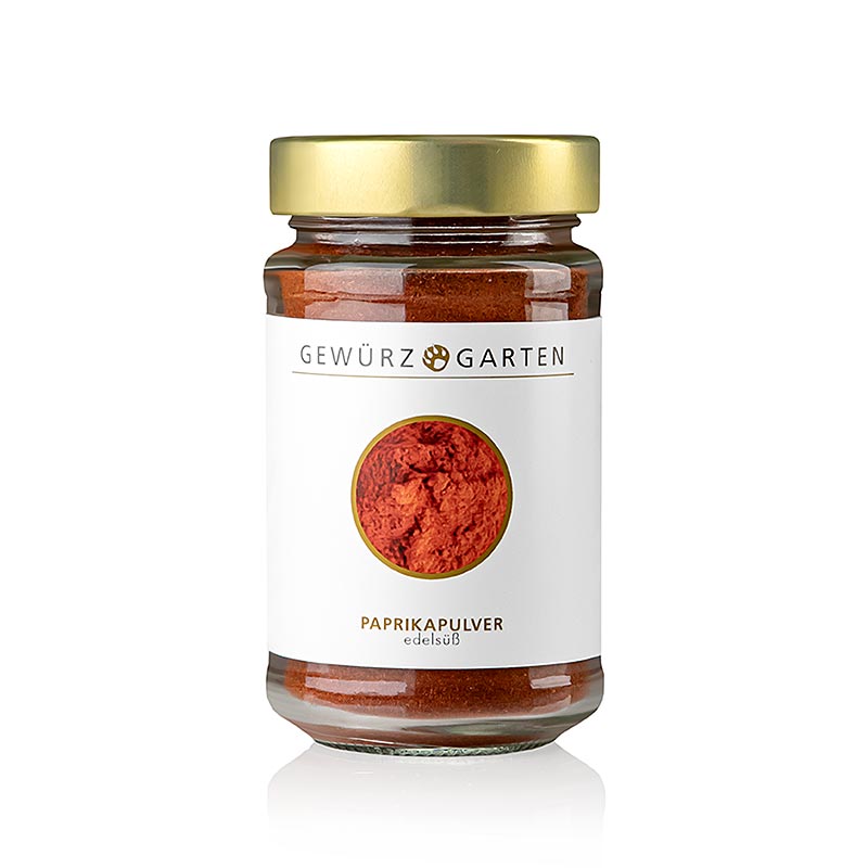 Edelsüßer Paprika von Gewürzgarten, 120 g - kräftige Farbe und fruchtig-mildes Aroma, ideal für Gulasch, Suppen, Saucen, Fleisch- und Geflügelgerichte, verleiht Gerichten intensive Farbe und dezent-fruchtige Note, nicht zu stark erhitzen, um Bitterkeit zu vermeiden