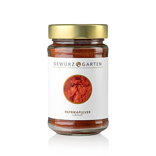 Edelsüßer Paprika von Gewürzgarten, 120 g - kräftige Farbe und fruchtig-mildes Aroma, ideal für Gulasch, Suppen, Saucen, Fleisch- und Geflügelgerichte, verleiht Gerichten intensive Farbe und dezent-fruchtige Note, nicht zu stark erhitzen, um Bitterkeit zu vermeiden