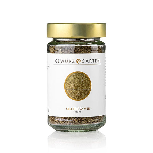 Bild eines 100 g Gewürzgarten Selleriesamen, ganz, mit aromatischem, leicht bitterem Geschmack, das zum Würzen von Suppen, Saucen, Eintöpfen, Brot und salzigem Gebäck verwendet werden kann Geeignet zum Verwenden ganz oder frisch gemahlen im Mörser zur Herstellung von Selleriesalz mit naturbelassenem Meer- oder Steinsalz