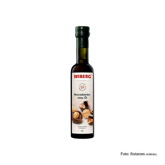 Wiberg Macadamianussöl, kaltgepresst, 100% rein, mild nussig, 250 ml - Vielseitiges Öl zum Verfeinern von Salaten, Frischkäse, Obstsäften und Süßspeisen, sowie zum Braten und Backen geeignet bis zu 210°C