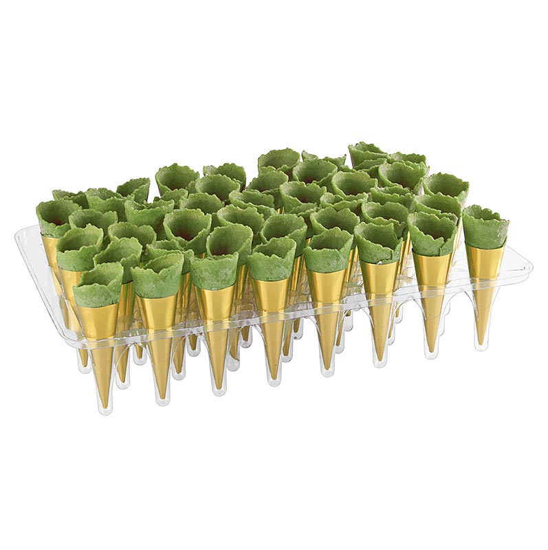 Waffel-Hörnchen Mini-Hörnchen Gold in goldfarbener Papiermanschette, ideal für Fingerfood-Kreationen