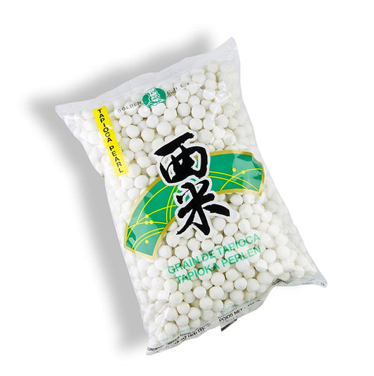 Tapiokaperlen, weiß, ø ca 7mm, 400 g - Stärkemehl aus Maniokwurzeln, beliebtes Bindemittel zum Andicken von Süßspeisen, einfache Handhabung beim Kochen