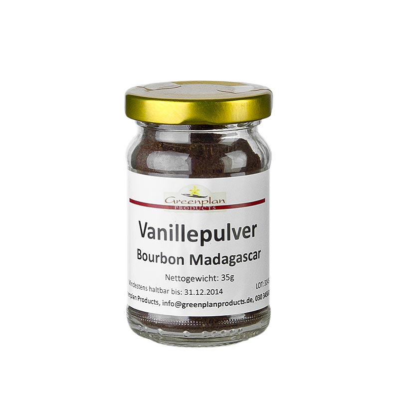 35 g of Greenplan ground Bourbon Vanilla from Madagascar, perfect for enhancing your culinary creations with rich, aromatic flavor (English)