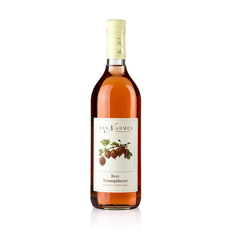 English: 750 ml bottle of van Nahmen Rote Triumpfbeerensaft (Stachelbeeren) 65% Direktsaft, a rich and flavorful red currant juice