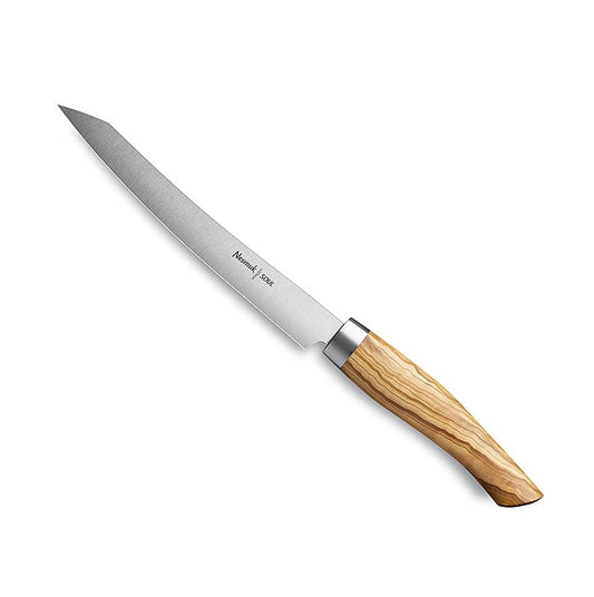 High-quality Nesmuk Soul 30 Slicer with 160mm blade, stainless steel ferrule, and elegant olive wood handle for precise and effortless slicing