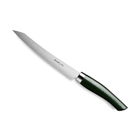 High-quality Nesmuk Soul 30 Slicer with 160mm blade, stainless steel ferrule, and green Micarta handle, ideal for precision slicing and cutting meats and vegetables, available as 1 piece