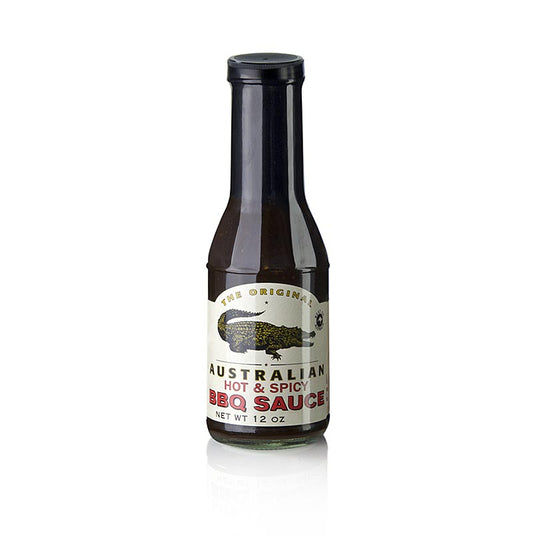 Flasche Australian Hot & Spicy BBQ Sauce, The Original, 355 ml, perfekt für anspruchsvolles Grillerlebnis mit scharfen Chilis und traditionellen BBQ-Aromen