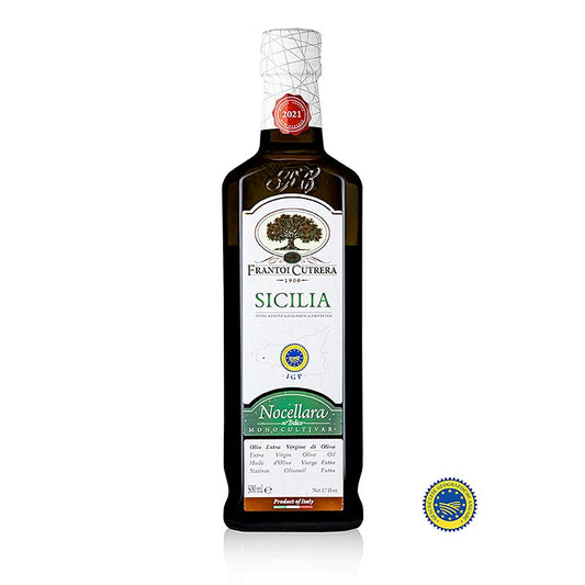 Natives Olivenöl Extra von Frantoi Cutrera, 100% Nocellara del Belice, 500 ml, reich an Antioxidantien und mit fruchtigem und leicht würzigem Geschmack, ideal zum Verfeinern von Gerichten und als Basis für Dressings