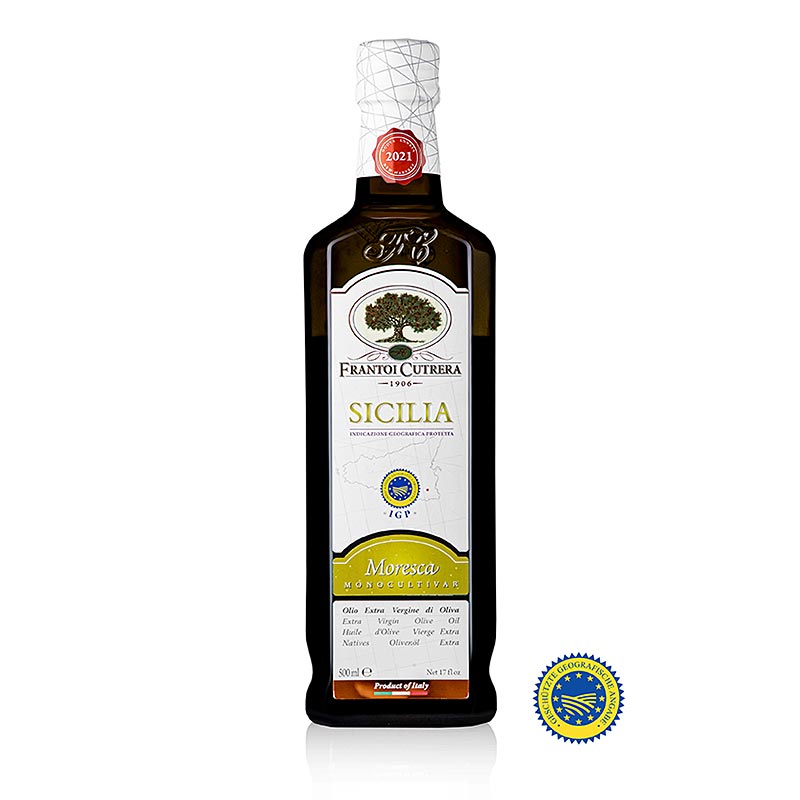 Natives Olivenöl Extra, Frantoi Cutrera IGP/ggA, 100% Moresca, 500 ml: Naturtrübes Olivenöl mit elegant fruchtigem Duft von Artischocken und aromatischen Kräutern, ideal zu Salz und Brot, Bruschetta, Hülsenfrüchten, Fisch und weißem Fleisch